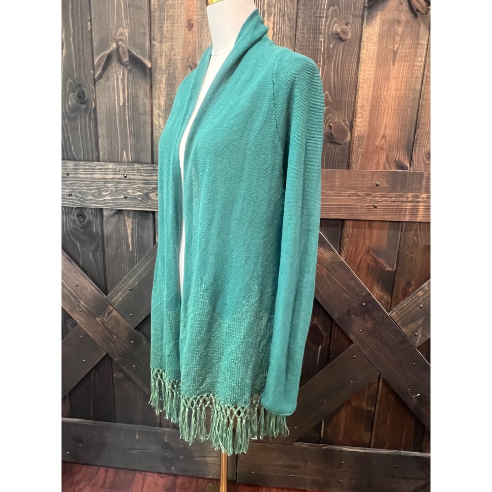 Lilly Pulitzer Teal Tatum Cardigan Sweater M Fringe Hem Open Coastal Boho Knit - Picture 9 of 10